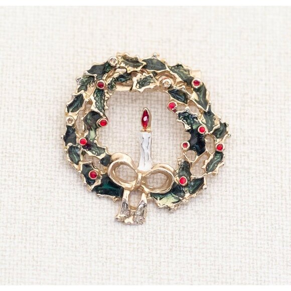 Vintage Intricate Wreath Red Candle Christmas Holiday Wreath Brooch - A11 - Picture 1 of 2